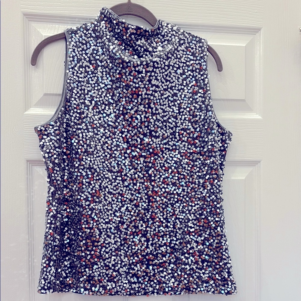 NWT Ann Taylor Sequin Sleeveless Mock Neck Top - Silver